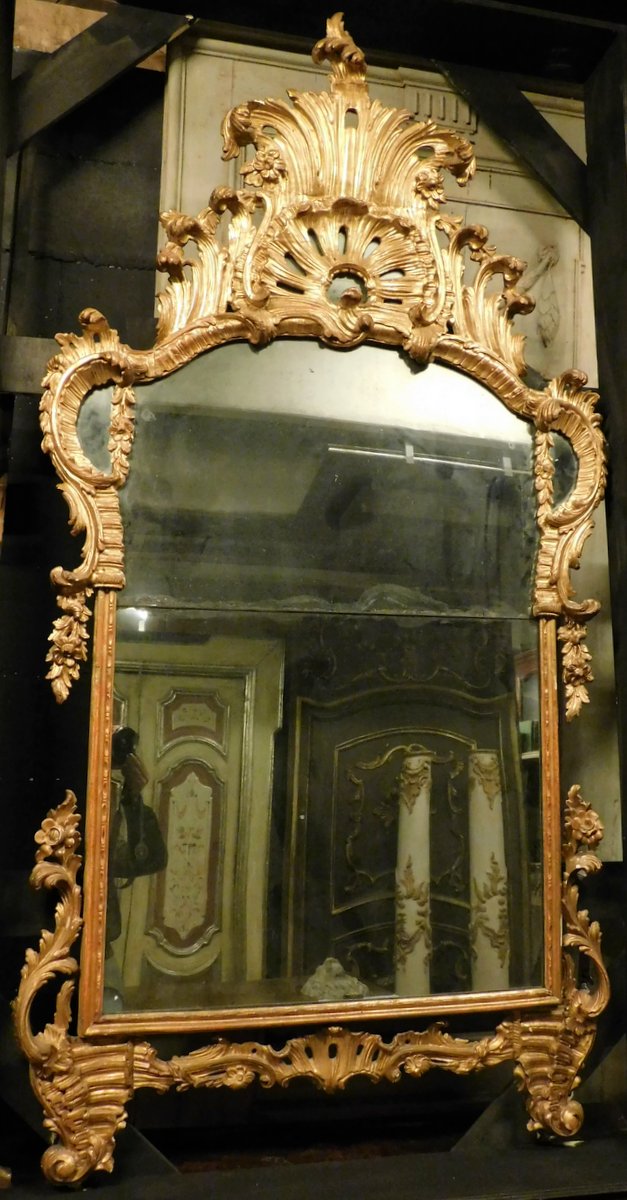 specc404 - specchiera in legno dorato, epoca '700, cm l 104 x h 195