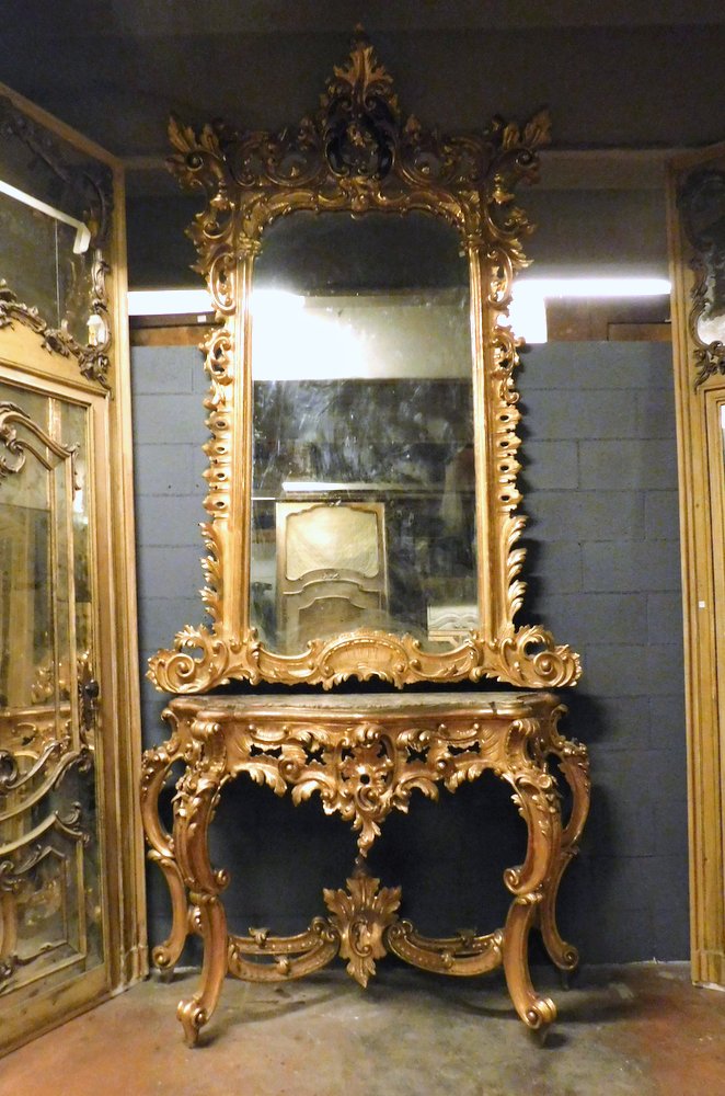 A specc255 - specchiera dorata e consolle con piano in marmo, h 359 x l 160