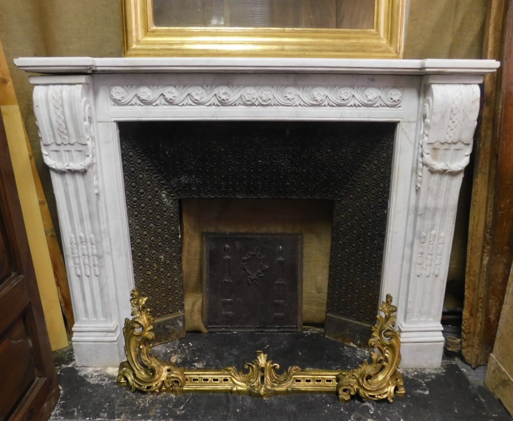 chm614 - white marble fireplace, L cm 145 x 28 p x 111 h