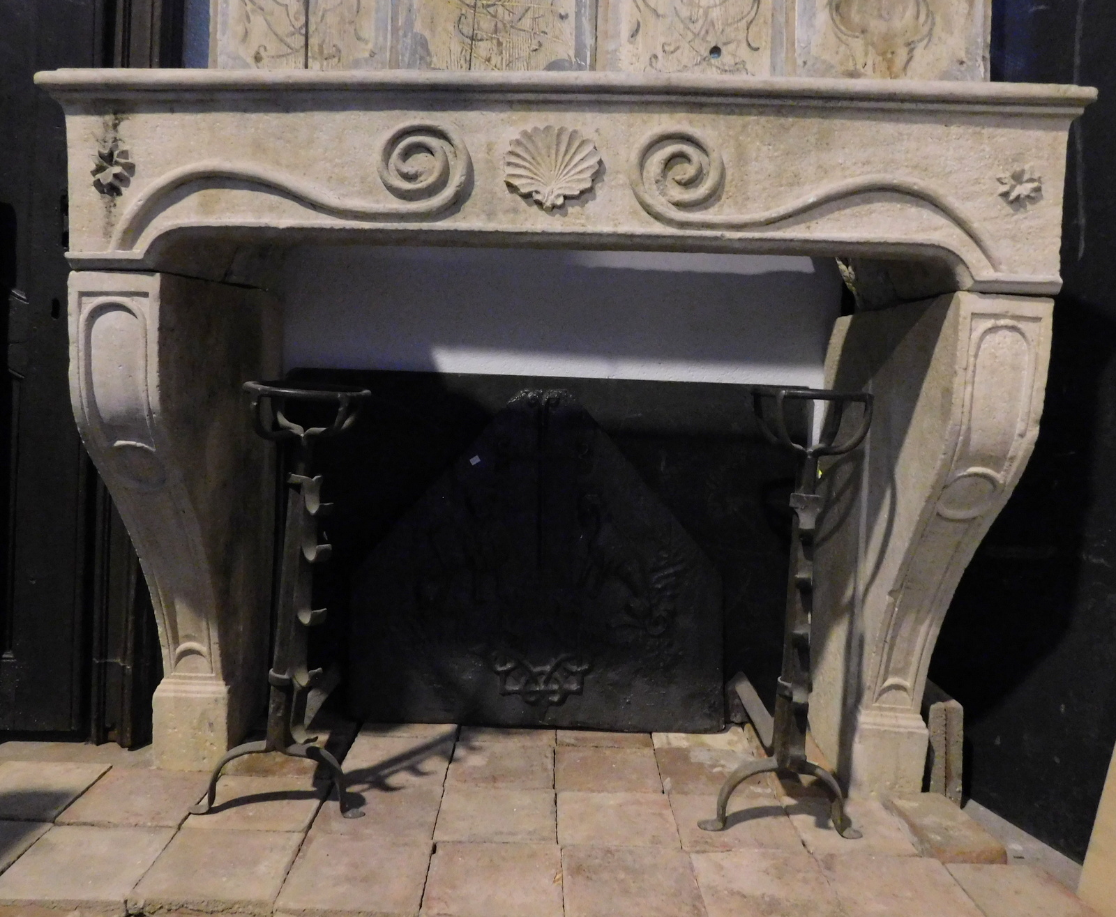 chp328 - Burgundy stone fireplace with carved central shell,  w 160 x h 129