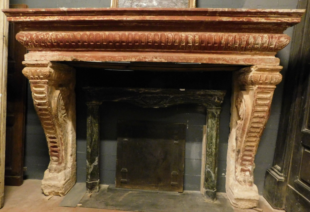 A chp348 - monumental stone fireplace, period '5/600, max size cm w 256 x h 190