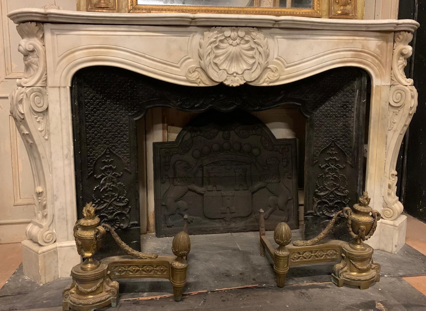 A chm728 - white marble fireplace, '700, cm w 180 x h 108 x d 41