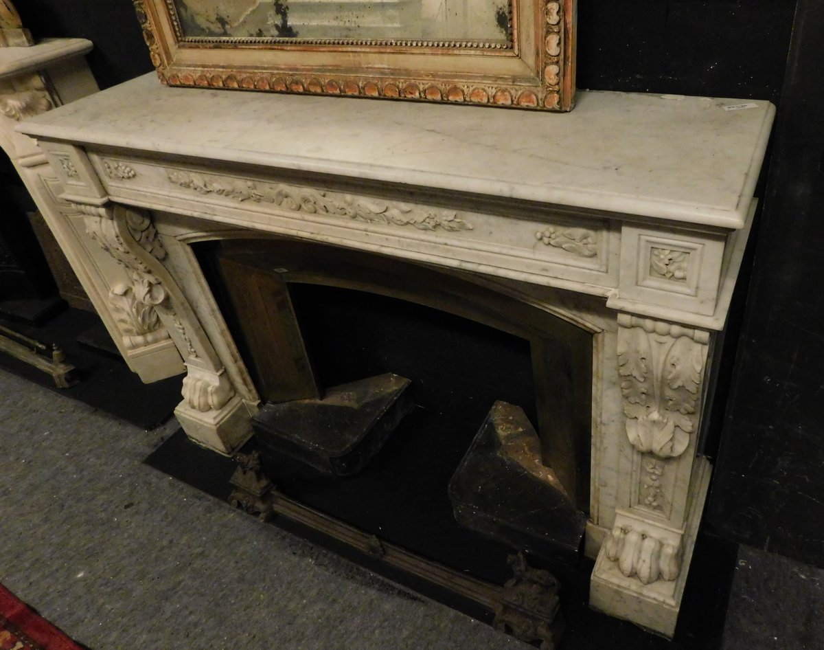 chm591 camino Luigi XVI i marmo bianco scolpito, mis. cm 150 x 105