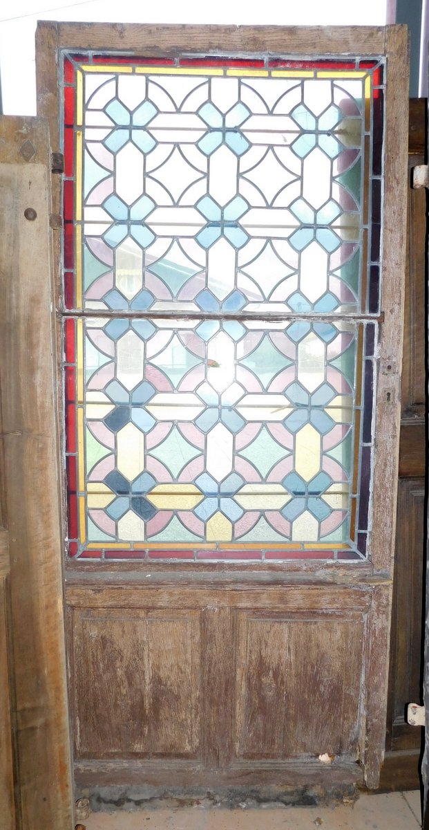 pti635 - porta da restaurare con vetrata liberty, misura cm l 99 x h 220