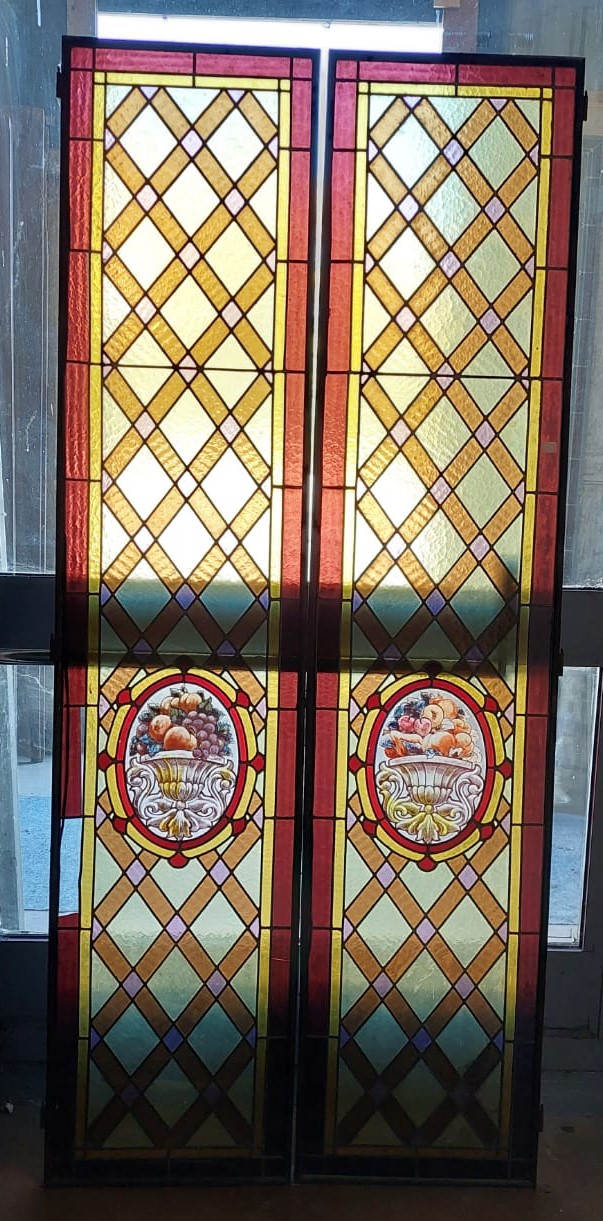pan316 - n. 2 liberty colored glass doors, measure cm l 87 x h 146