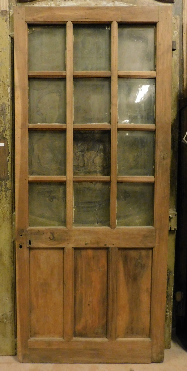 pte132 - porta in legno con vetri, epoca '7/'800, cm l 90 x h 212