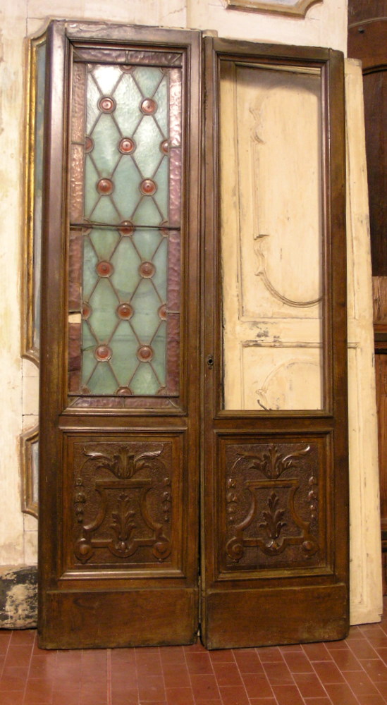 Antique interior door (pti360) made of walnut wood, colored glasses, ep.'800