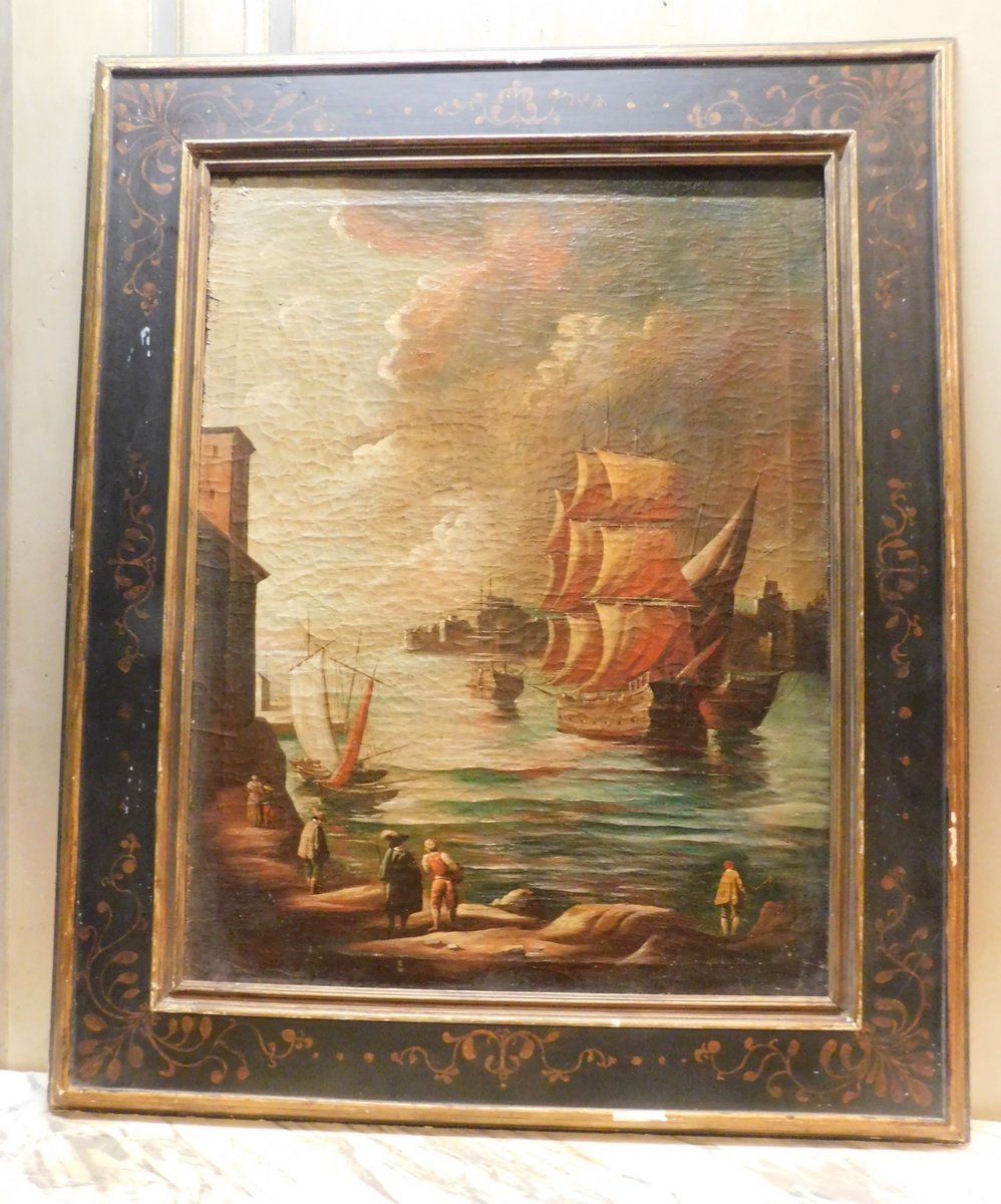 pan266 - coppia di dipinti con vedute marine, epoca '700, cm l 94 x h 112