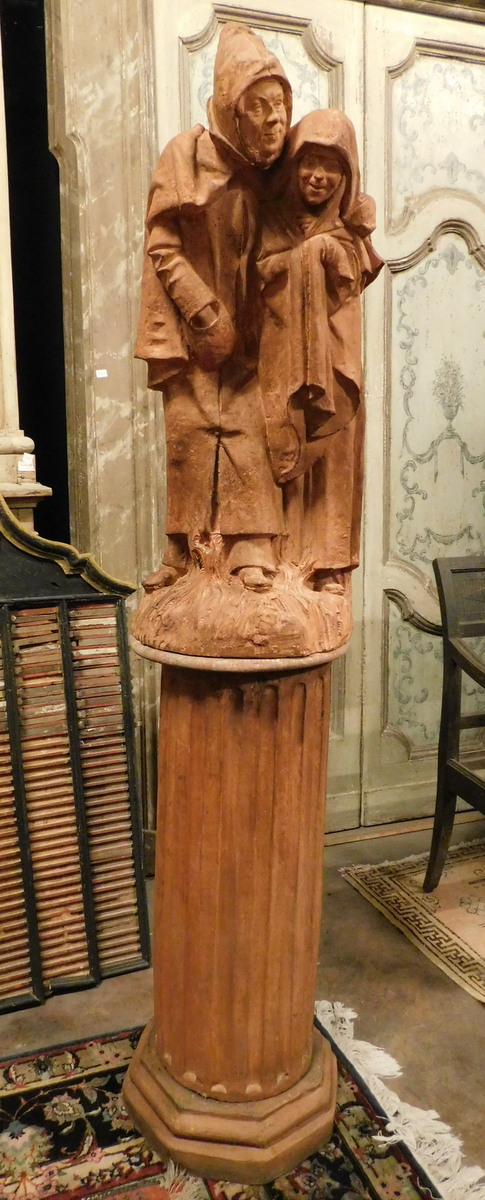 dars486 - statue avec colonne en terre cuite, époque 1940, cm l 40 x h 167