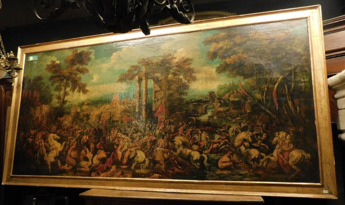 A PAN375 - large oil painting depicting a battle, size cm W 322 x H 161 x D 4