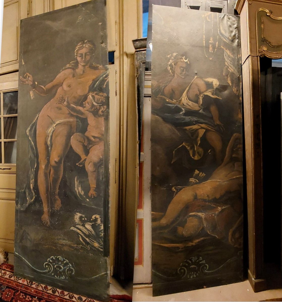 pan302 - coppia di pannelli dipinti su tela, XX secolo, misurano cm l 97 x h 300